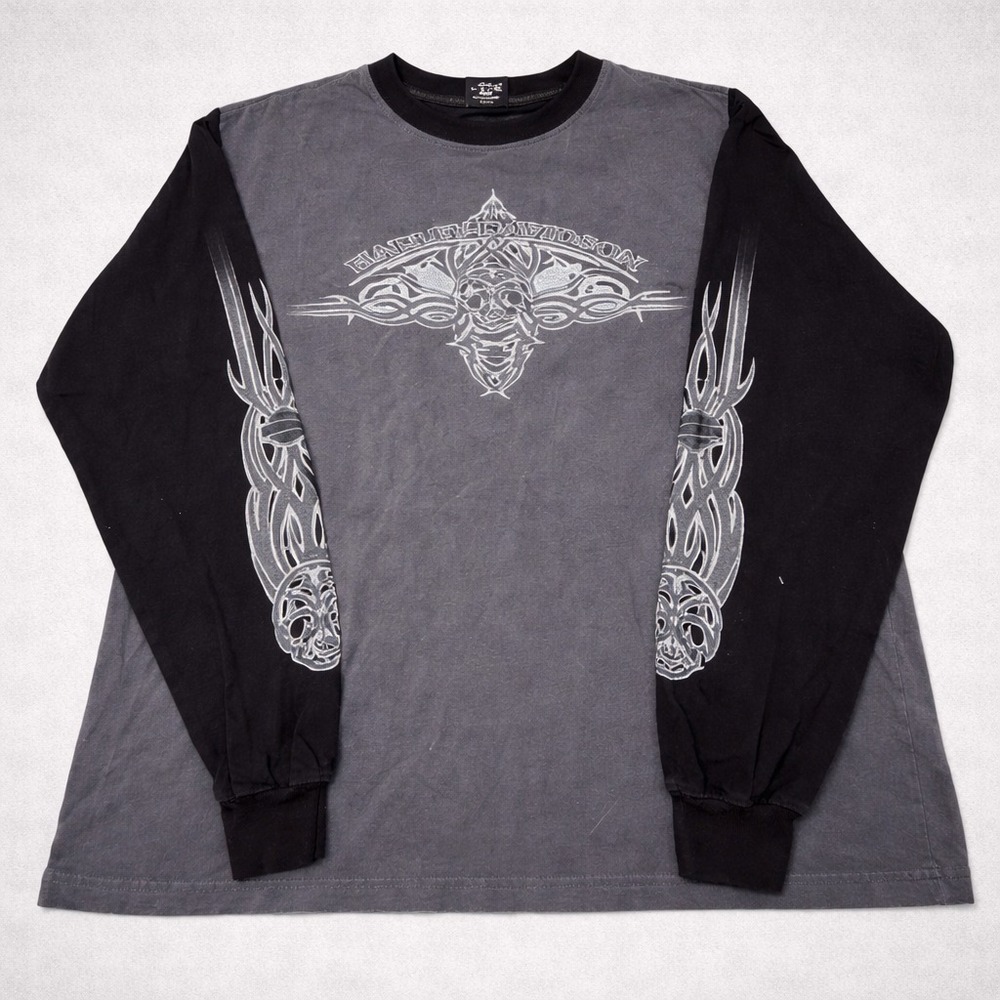 Harley Davidson Long Sleeve Shirt Mens L Gray Black Graphic Dealer Oregon